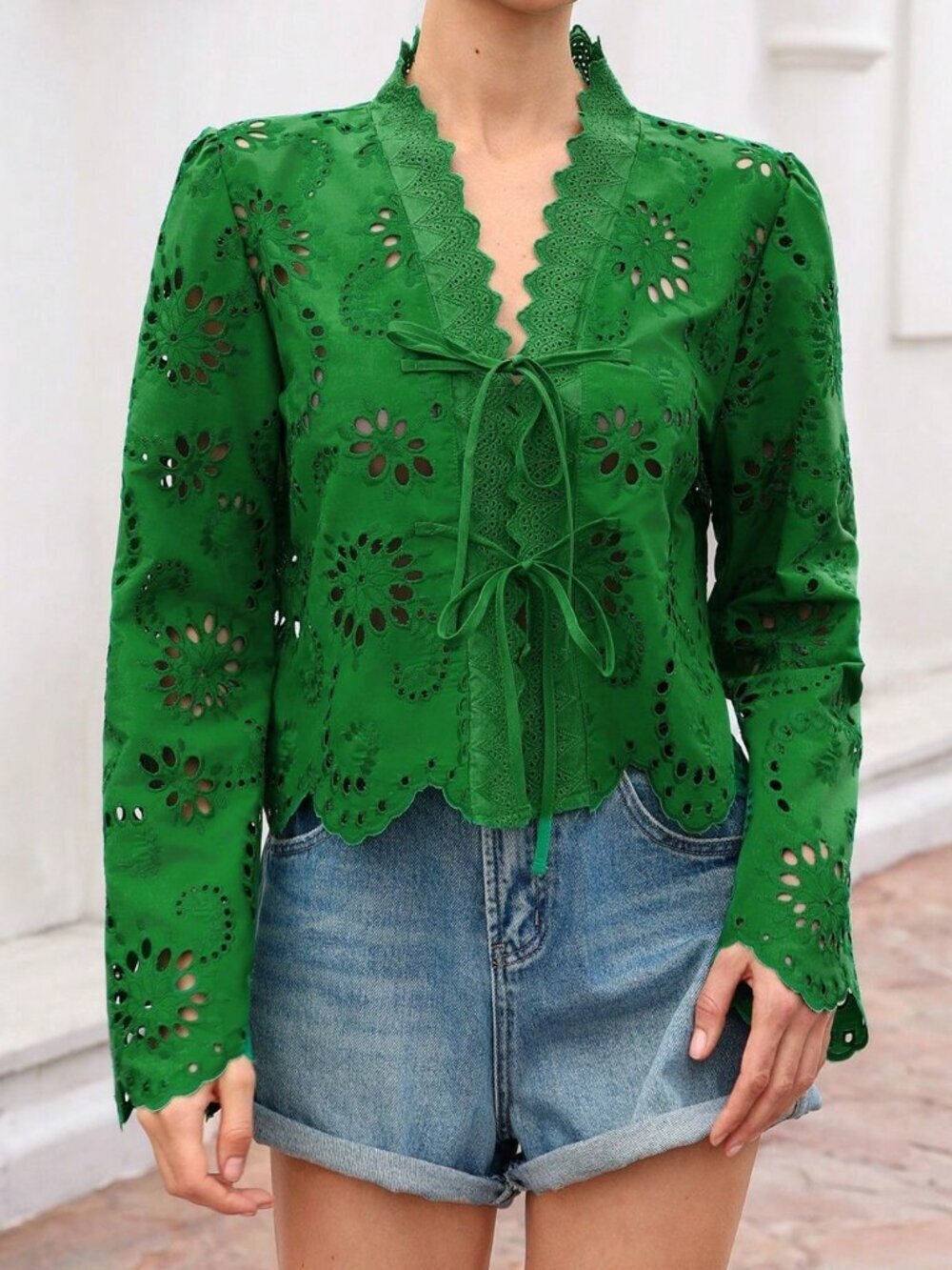 Green Boho Women's Loose Long Sleeve Blouse